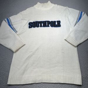 Southpole Sweater‎ Mens Large White Blue Striped Pullover Knit Acrylic Logo Top